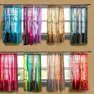 2 Pcs Indian Sari Patchwork Curtain Drape Window Decor Multi Silk Sari Curtain