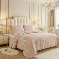 Reversible Cotton Blend Bedding Quilt Set with Embroidered Shams Elegant Floral