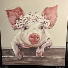 Cute Pig With Flowers Framed 1 Piece Canvas Wall Art Painting Hobby lobby 24x24