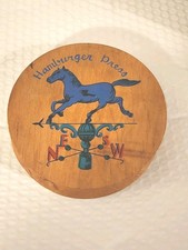 686.  WOODEN HAMBURGER PRESS WITH HORSE WEATHERVANE PAINTED ON THE FRONT