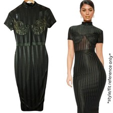 Pretty Little Thing Bodycon Midi Dress Sz 10 Sheer Green Striped High Neck Lace