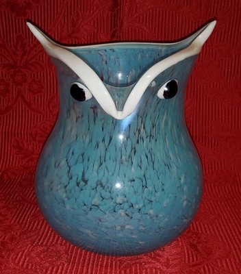 Blenko Stil Glas Eulen Vase blau/weiß/schwarz Vintage SW234