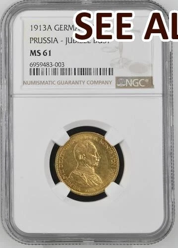 NobleSpirit GOLD 1913A Germany 20 Mark PRUSSIA - Jubilee Bust NGC Ms61