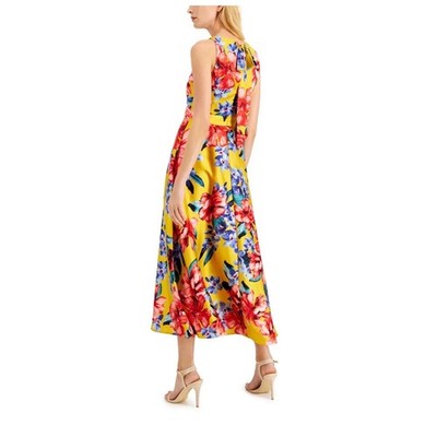 Tahari Arthur S Levine Yellow Floral Maxi Dress Sleeveless Satin Size 8 NET