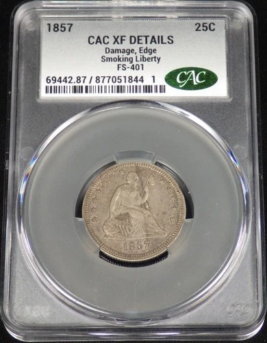 1857 Seated Liberty Quarter, "Smoking Liberty FS-401", CAC graded XF Details
