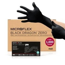 Ansell Microflex Black Dragon Zero Nitrile Powder Free Exam Gloves, Textured Fin