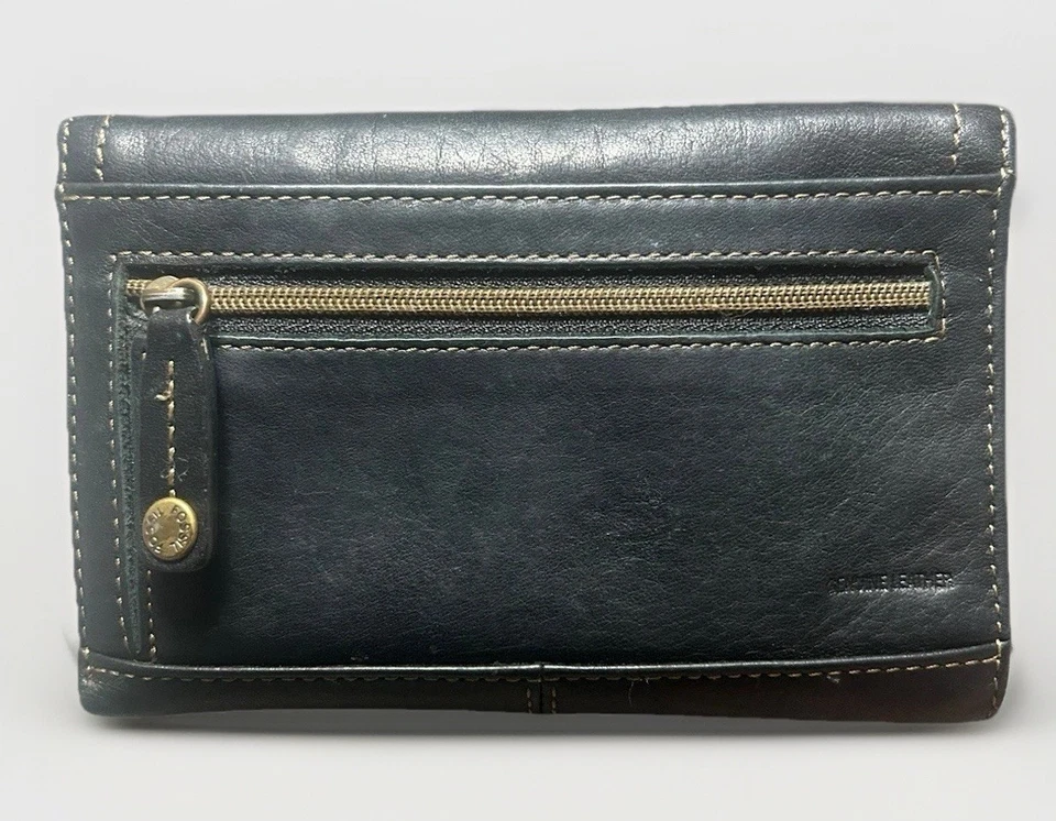 Cartera plegable de cuero negro fósil estuche para tarjetas extraíble cremallera puntada de bolsillo para monedas Foto 4 de 4