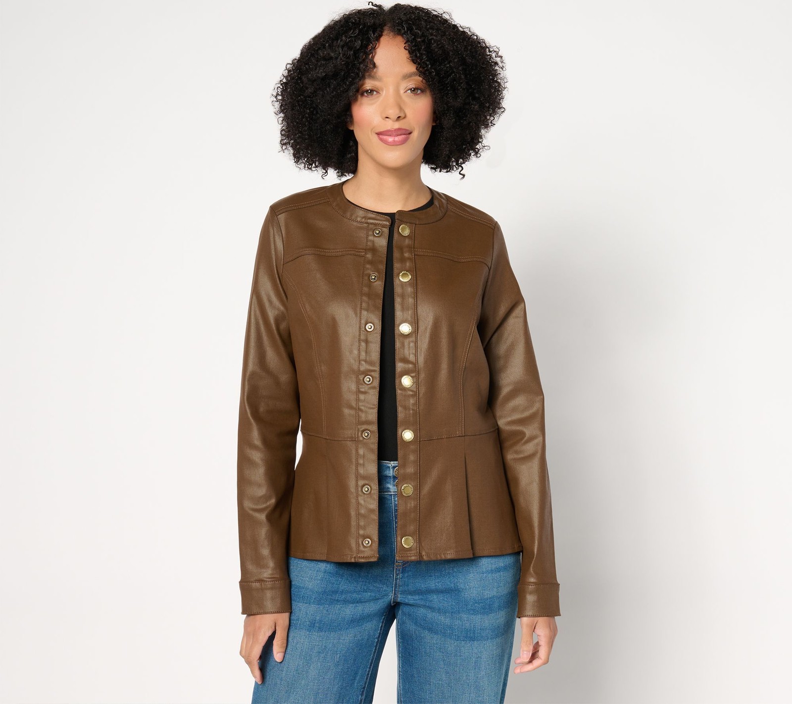 Susan Graver Women's Jacket Sz XL Coated Denim Peplum Brown A670193