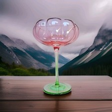 Pink and Green Stemmed Martini Glass Cocktail Glass Floral Flower Design