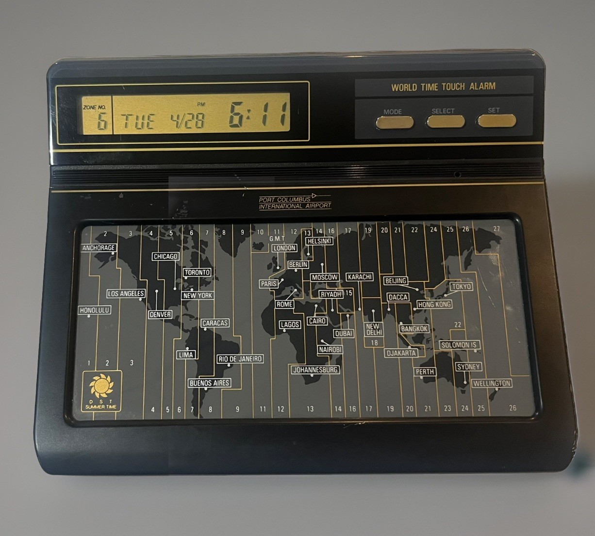 Vintage World Time Touch Alarm Sensor Clock - WORKS! Made In Hong Kong - NICE!