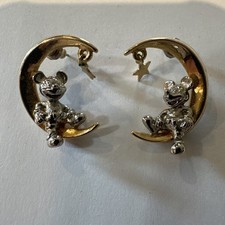 Disney Mickey Mouse Pierced Earrings 3D Mickey on Crescent Moon Signed
