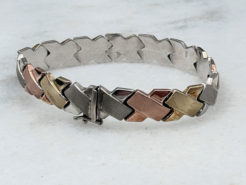 Vintage Sterling Silver 14K Tri Color Gold Filled X Bracelet 7.5” 11mm ...