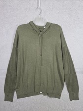 Women's Oversized Hoodie Small Olive Green Knit Pullover Stitches Stripes
