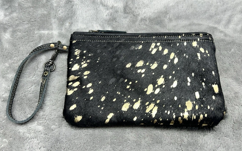 Myra Bag Black & Gold Hair-On Hide Leather Wristlet Clutch Purse 9”x5” - Image 3 of 4