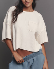 Pilcro by Anthropologie Women's Cream Chest Pocket Waffle Cropped Tee Sz XL