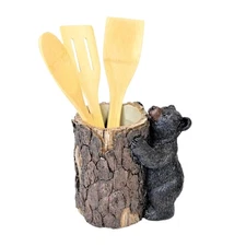 Black Bear Tree Trunk Utensil Holder – Rustic Countertop Organizer