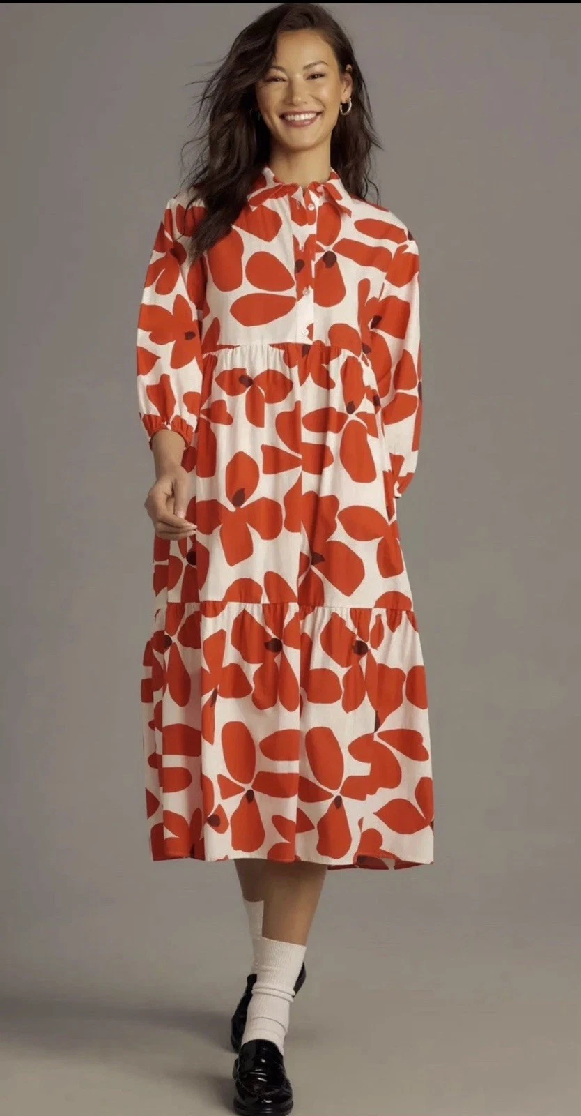 Anthropologie Maeve Bettina Tiered Maxi shirt dress floral red & white XL
Opens in a new window or t