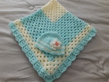 Crochet BABY BLANKET AFGHAN Granny Square 30"x 30" Mint  Off-White Handmade New