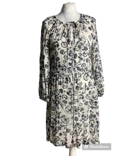 OFF WHITE Abito midi al ginocchio come nuovo velluto bianco sporco grigio tarassaco stampa floreale UK 10 cravatta zip