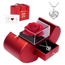 Valentines Preserved Red Rose in Heart Box with 925 Sterling Silver Necklace,