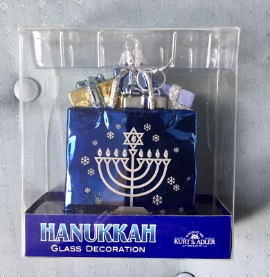 New NIB Kurt Adler (NB1126) Noble Gems Happy Hanukkah Gift Bag Glass Ornament