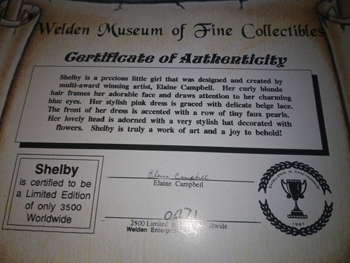 Welden Museum Shelby Doll SHELBY by Elaine Campbell Porcelain Limited 471/3500 - Picture 6 of 6