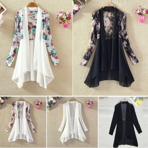 Damen Blumendruck Cardigan durchsichtig Chiffon Midi Jacke Kimono vorne offen Schal - Bild 1 von 14