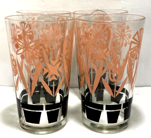 JUEGO DE 4 (U 8) VASOS DE BEBER MACETA ROSA Y NEGRA MEDIADOS DE SIGLO - Imagen 2 de 4