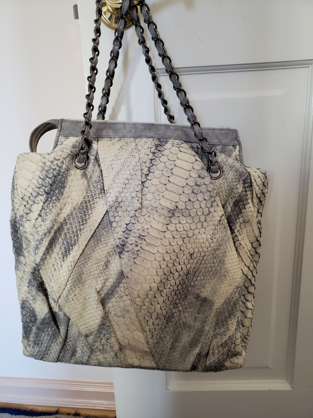 Chanel PYTHON SKIN LEATHER LARGE HANDBAG GRAY CRE… - image 15