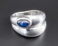 Oval Blue Sapphire Artisan Ribbed Unique Sterling Silver Domed Statement Ring