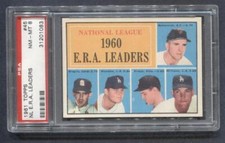 1961 Topps #45 NL ERA Leaders (Drysdale, Broglio, Friend)  (Centered)     PSA 8