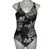 NEW GOTTEX black white khaki FLORAL LOW BACK BATHING SUIT SWIMSUIT 1 pc SIZE 8