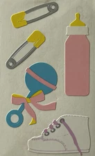 BABY GIRL Stickers(5pc)Mrs. Grossman's•Pink Bottle•Rattle •Diaper pin•Newborn•