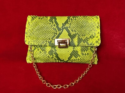 Rashedah Neon Lime Green Python Clutch Shoulder Bag With Gold Chain