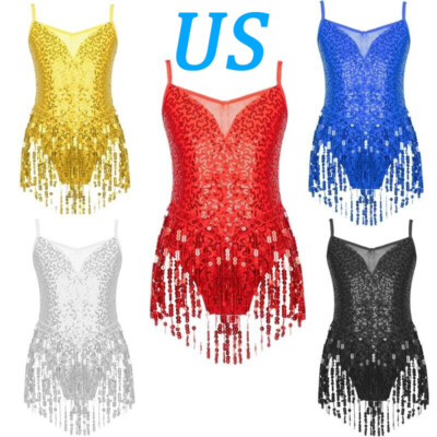 US Girl Jazz Latin Dance Dress Sequins Ballet Leotard Tassel Dancewear Costumes