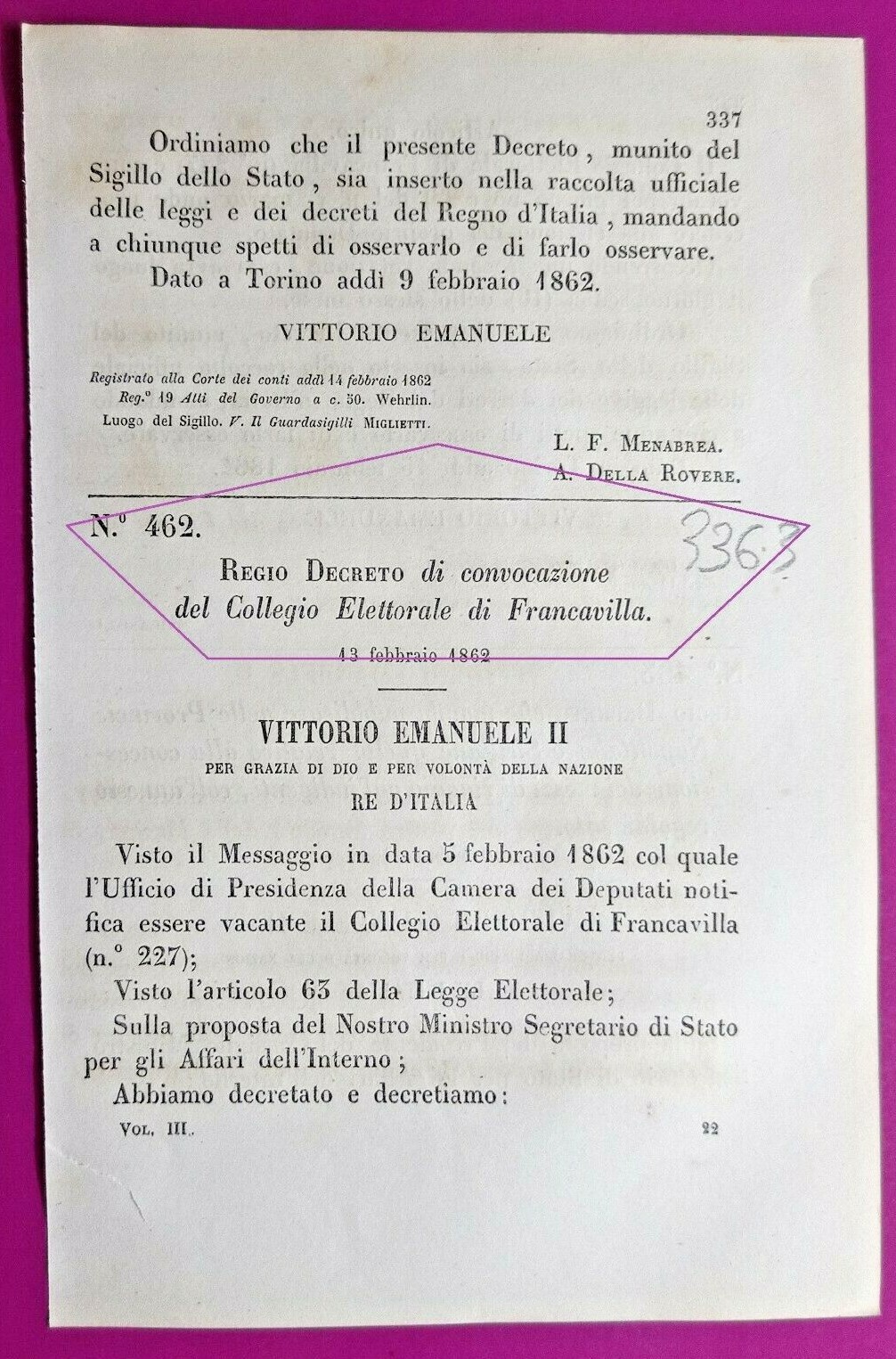 FRANCAVILLA 1862 REGIO DECRETO X CONVOCAZIONE COLLEGIO ELETTORALE-3363