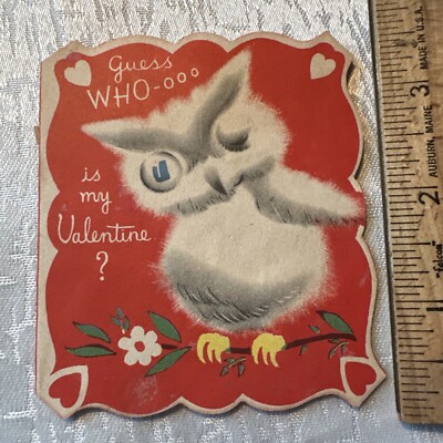 Vtg Valentines Day Card 30s 40s Winking Owl White Art deco Guess who Glue Goo