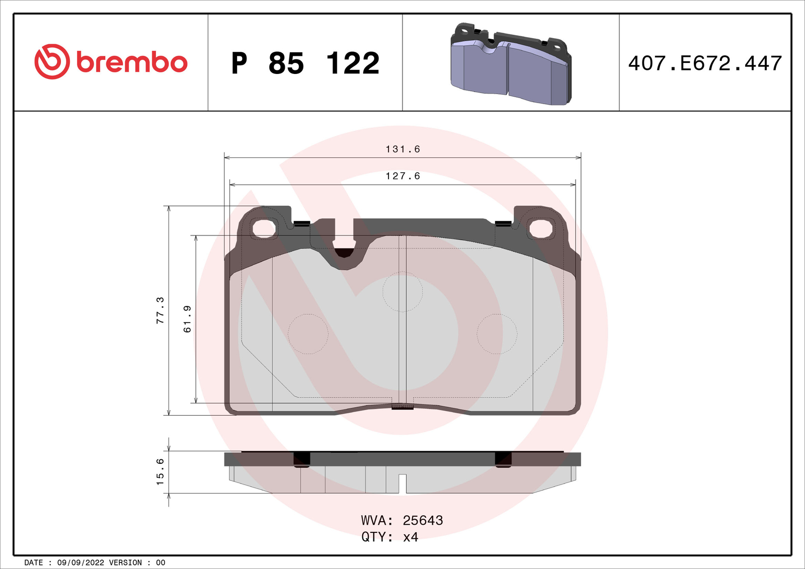 Front BREMBO P 85 122 Brake Pad Set, disc brake for AUDI
