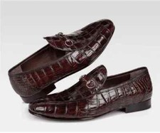 Men Handmade Burgundy Crocodile Texture Leather Moccasin Business Shoes