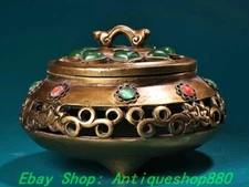 4.7''Old Dynasty Bronze Inlay Gems Hollow out 3 Leg Incense Burner  Censer