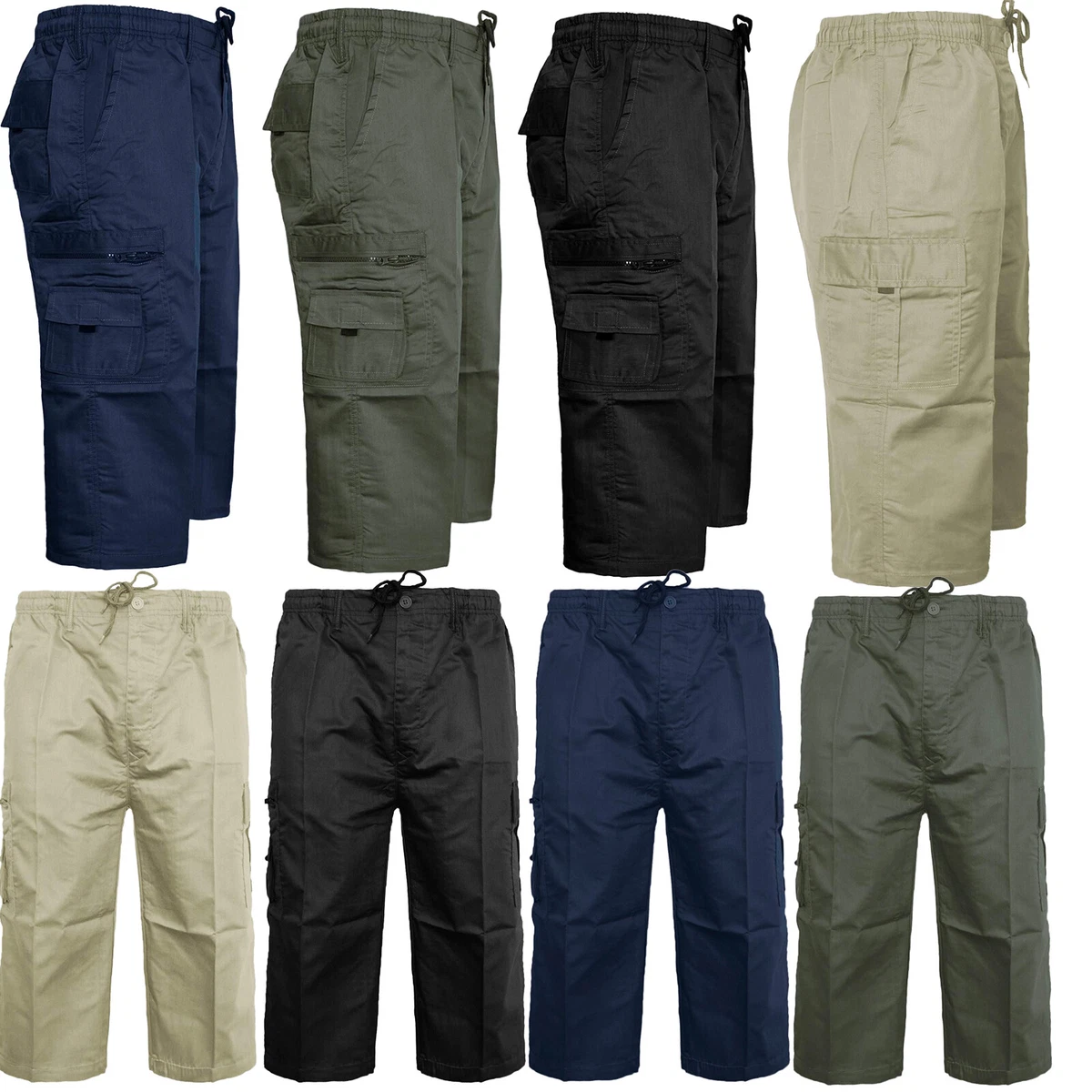 Mens 3/4 Shorts Elasticated Waist Cargo Combat Long Length Three Quarter  Pants