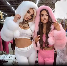 NEW Women Faux Fur Hood Shaggy Short Jacket Winter Cropped Top Coat Warm Outwear