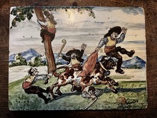 Spanish Toledo Vintage ceramic tile bullfight scene signed V. Quismondo