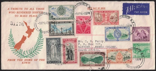 NEW ZEALAND, KGVI, 1st APRIL 1946, PEACE SET, FIRST DAY COVER TO KENYA.
