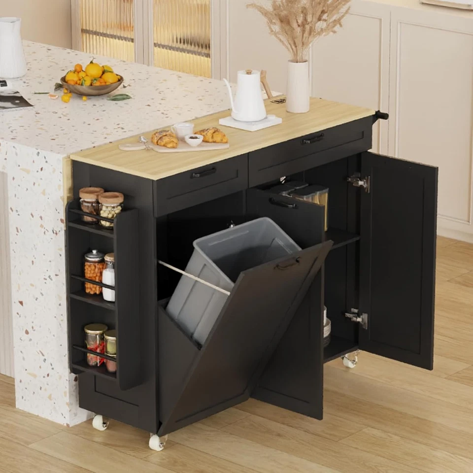 Carro isla cocina rodante con gabinete de basura carro utilitario con hoja de gota Foto 2 de 4