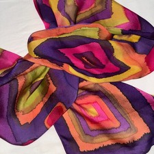 Vtg Abstract Watercolor Squares Silk Chiffon Scarf Purple Orange Chartreuse