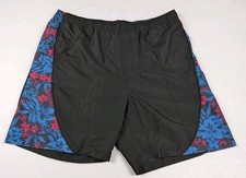 Harbor Bay XL Swim Trunks Black With Floral Blue Fuscia Print Lined Draw String