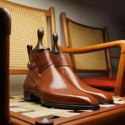 Neu handgefertigt Jodhpur hellbraun Leder hoch um Knöchelriemen ziselierte Zehe Herren Stiefel