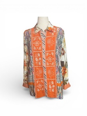 John Mark Vibrant Multi- Pattern Button Up Blouse, Orange Embroidery, Sz L, NWT