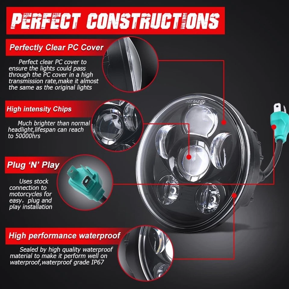 5,75 Zoll Motorrad Scheinwerfer LED Runde E GeprüftE Hi/Lo Projektion für Harley - Bild 3 von 4